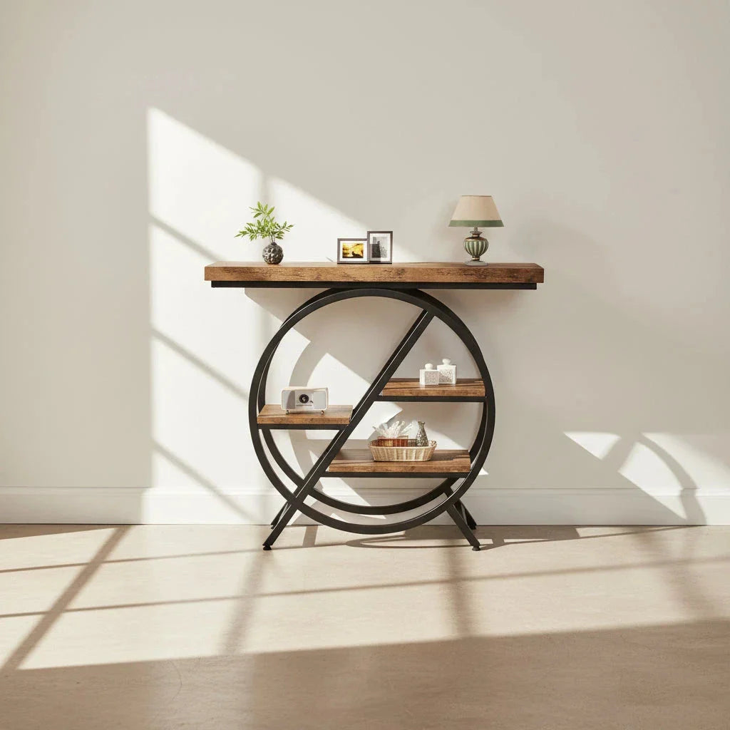 4-Tier Console Table, 100cm Entryway Table with Geometric Metal Frame