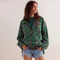 Women's Half-zip Flip Collar Loose Pocket Plaid Long Sleeve Shirt