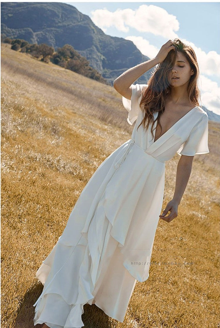 Short Sleeve Floor-Length V-Neck Patchwork Plain White Dress