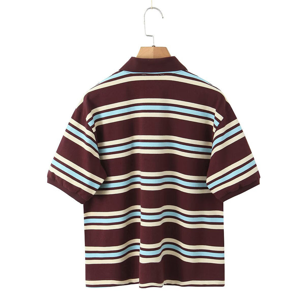 Retro Contrast Color Pure Cotton Striped Polo Shirt