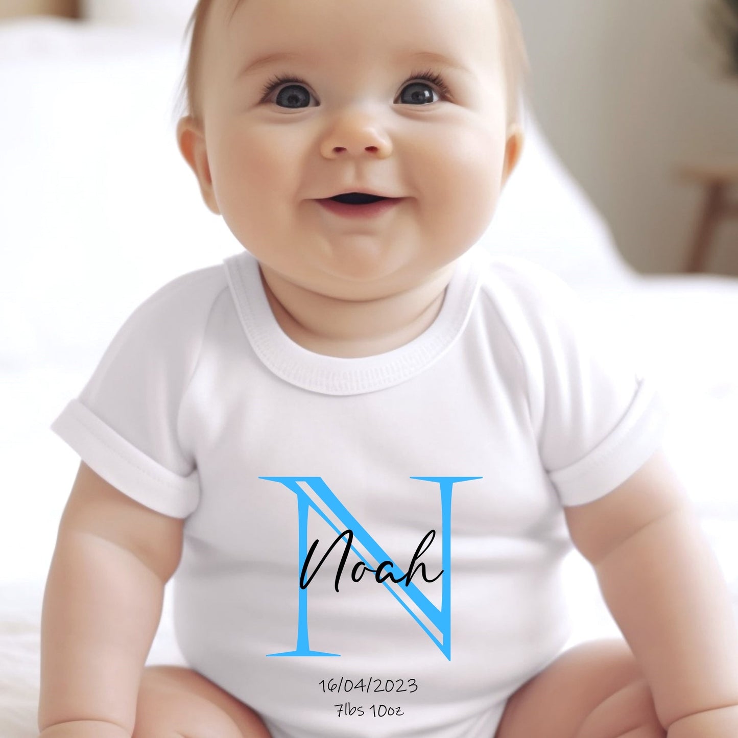 Personalised Blue Initial Baby Grow, Vest or Bib with Name