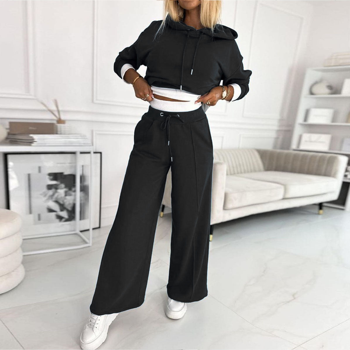 Women's Hoodie Suit Sporty Casual Long-Sleeved Hooded Sweatshirt And Drawstring Pocket Sweatpants Fashion Commuter Trousers Set Outfit Clothing