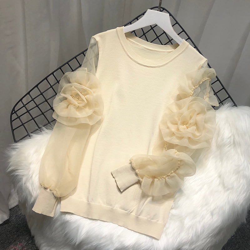 Women Spring Summer Knitted Organza Patchwork Lantern Sleeve