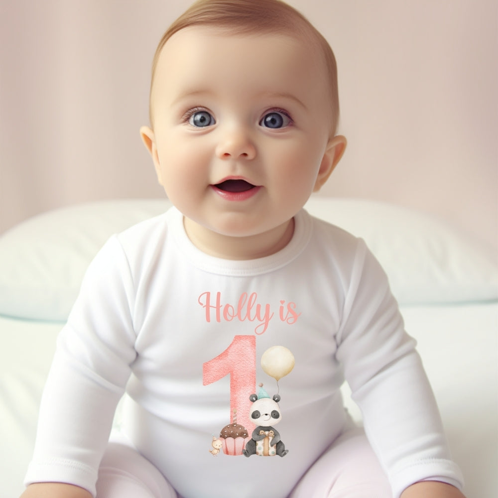 Personalised Pink Panda 1st Birthday Baby Grow, Vest or Bib with Name