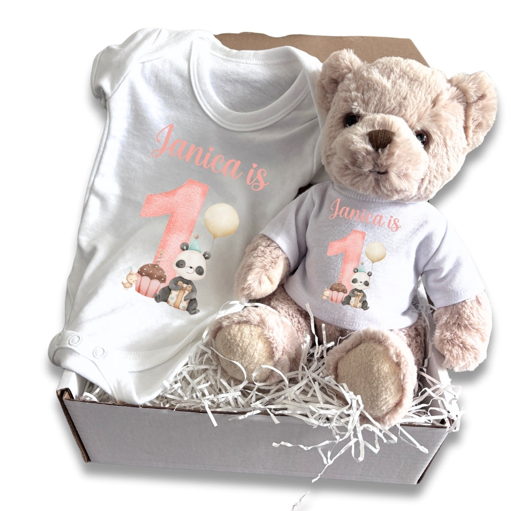Personalised Girls 1st Birthday Panda Gift Hamper Baby Gift Hamper - Teddy & Vest