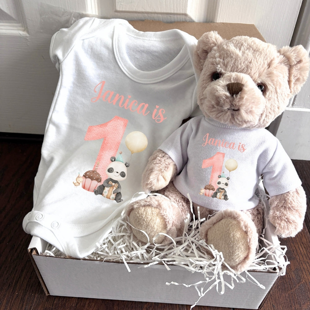 Personalised Girls 1st Birthday Panda Gift Hamper Baby Gift Hamper - Teddy & Vest