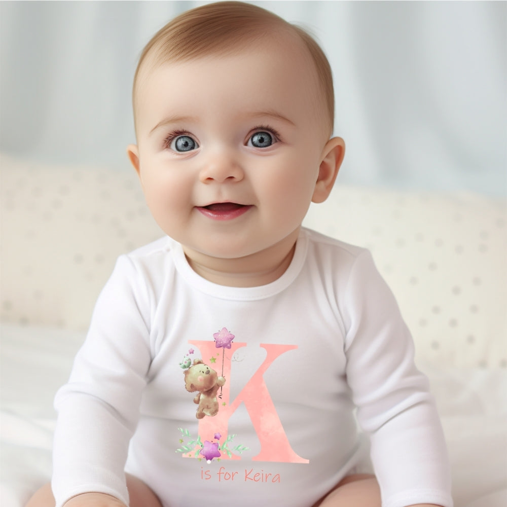 Personalised Pink Initial Teddy Baby Grow, Vest or Bib with Name