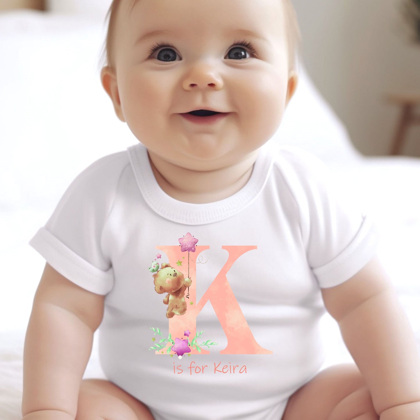 Personalised Pink Initial Teddy Baby Grow, Vest or Bib with Name