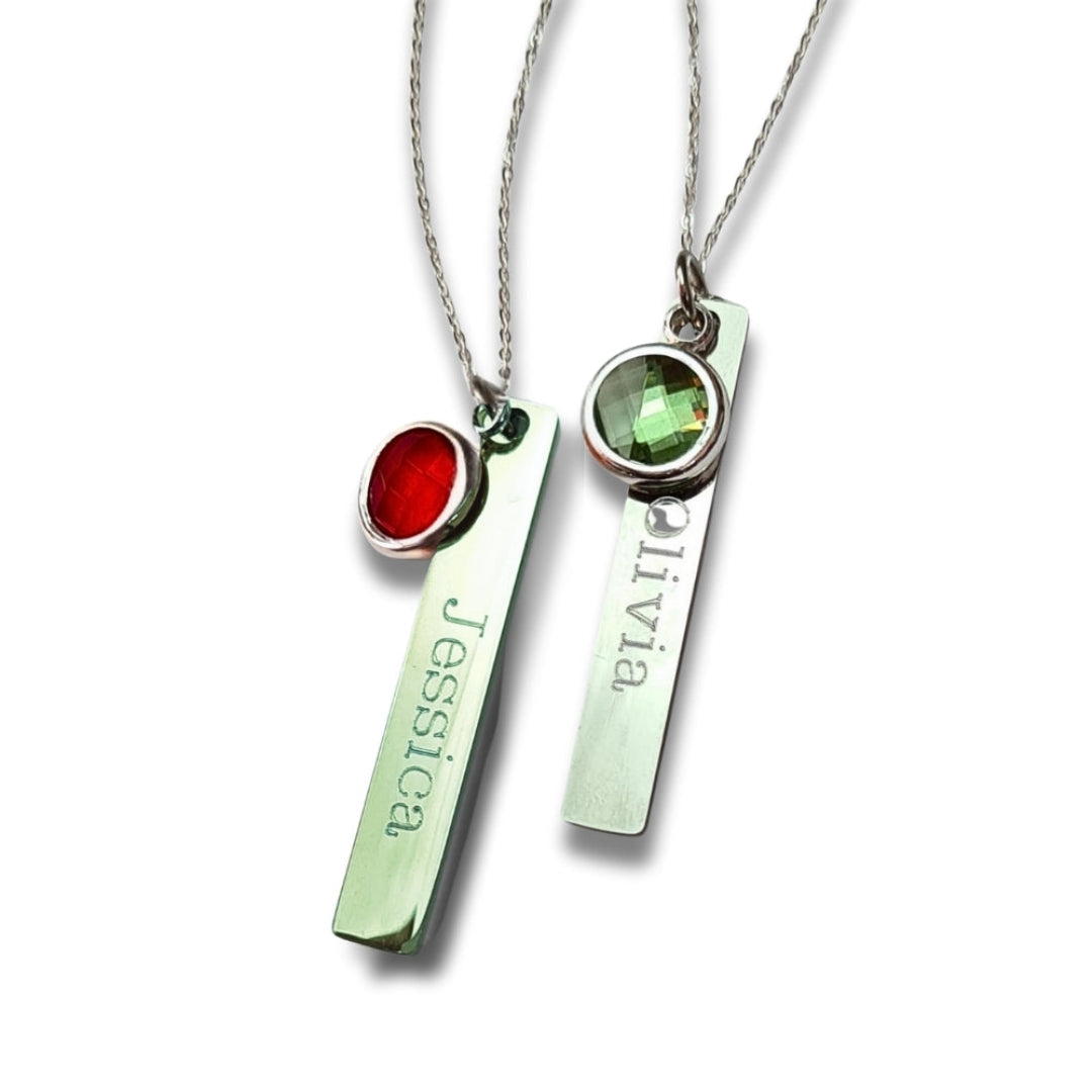 Personalised Thin Bar Necklace & Birthstone Charm