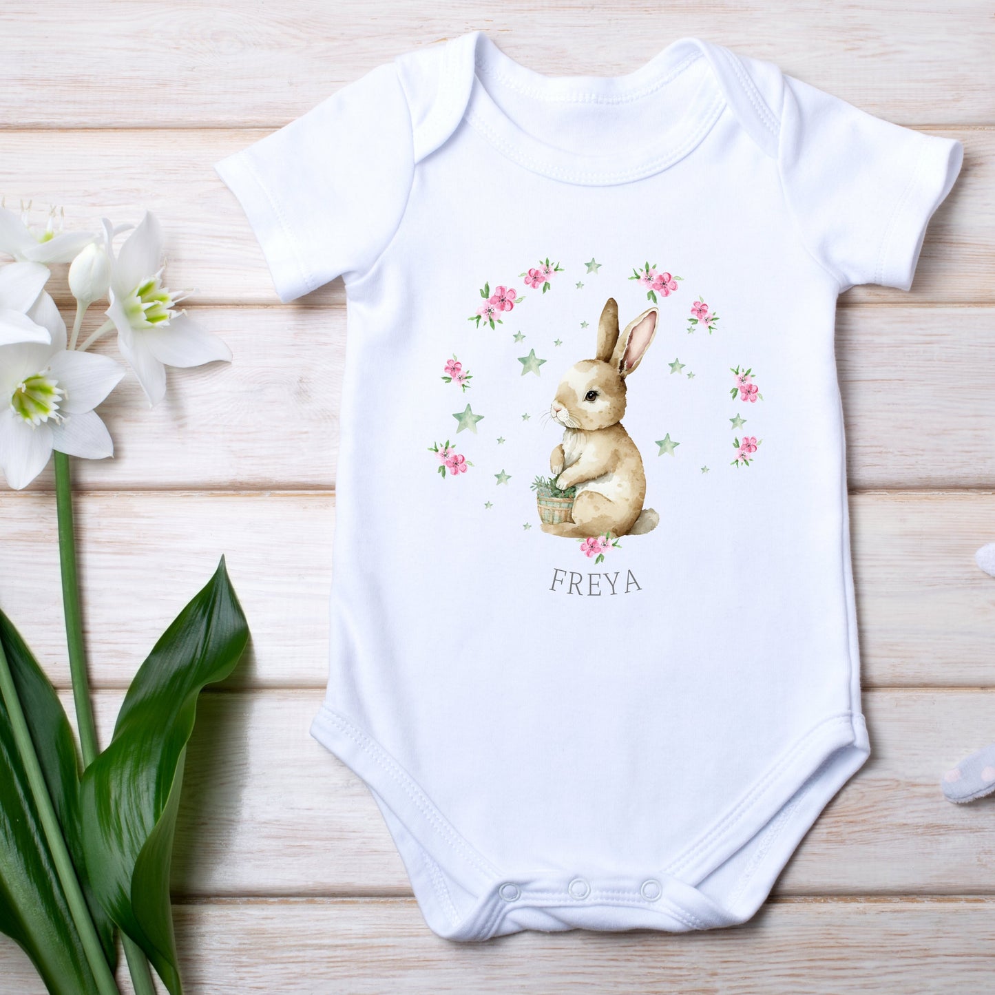 Personalised Bunny Flowers Baby Grow, Vest or Bib with Name