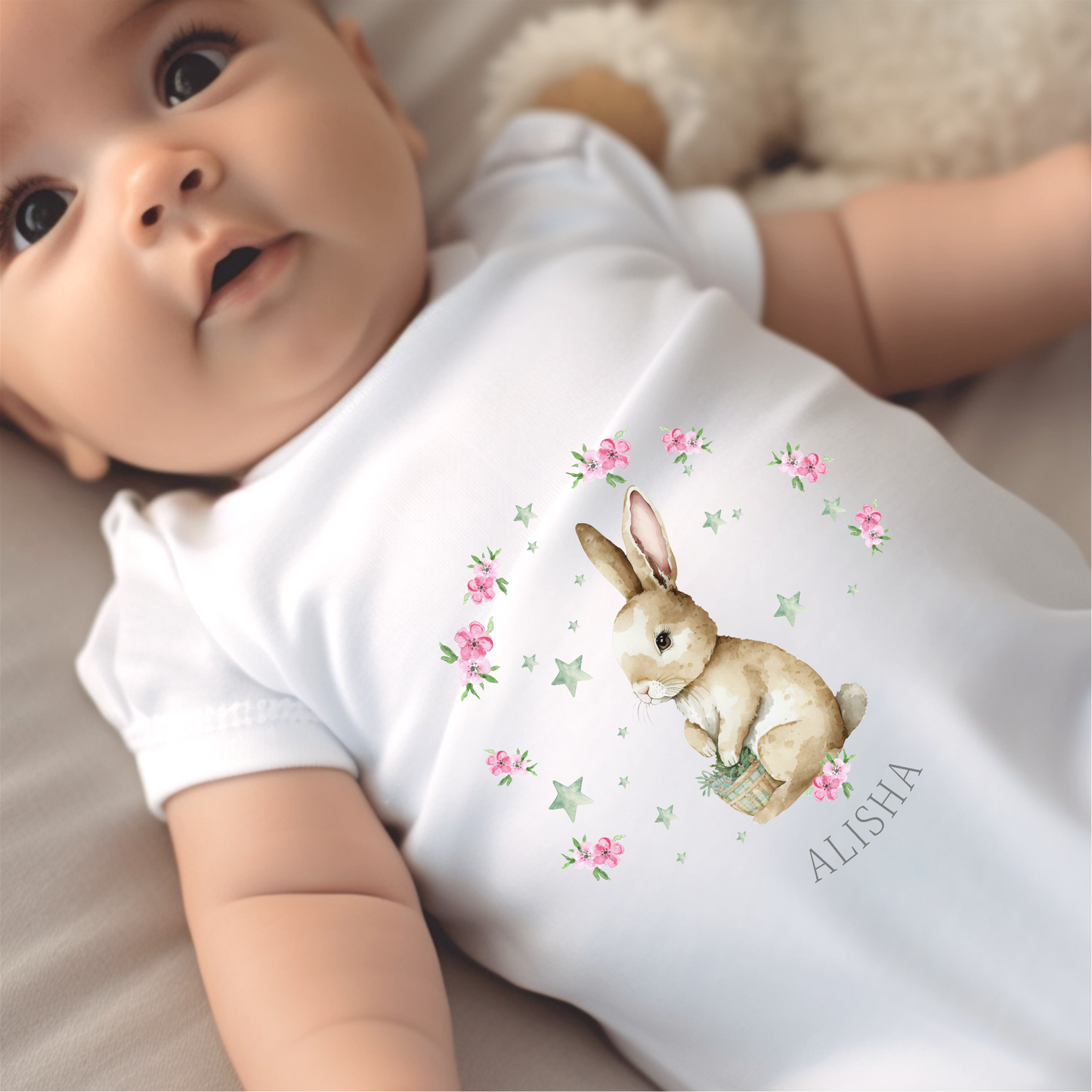 Personalised Bunny Flowers Baby Grow, Vest or Bib with Name