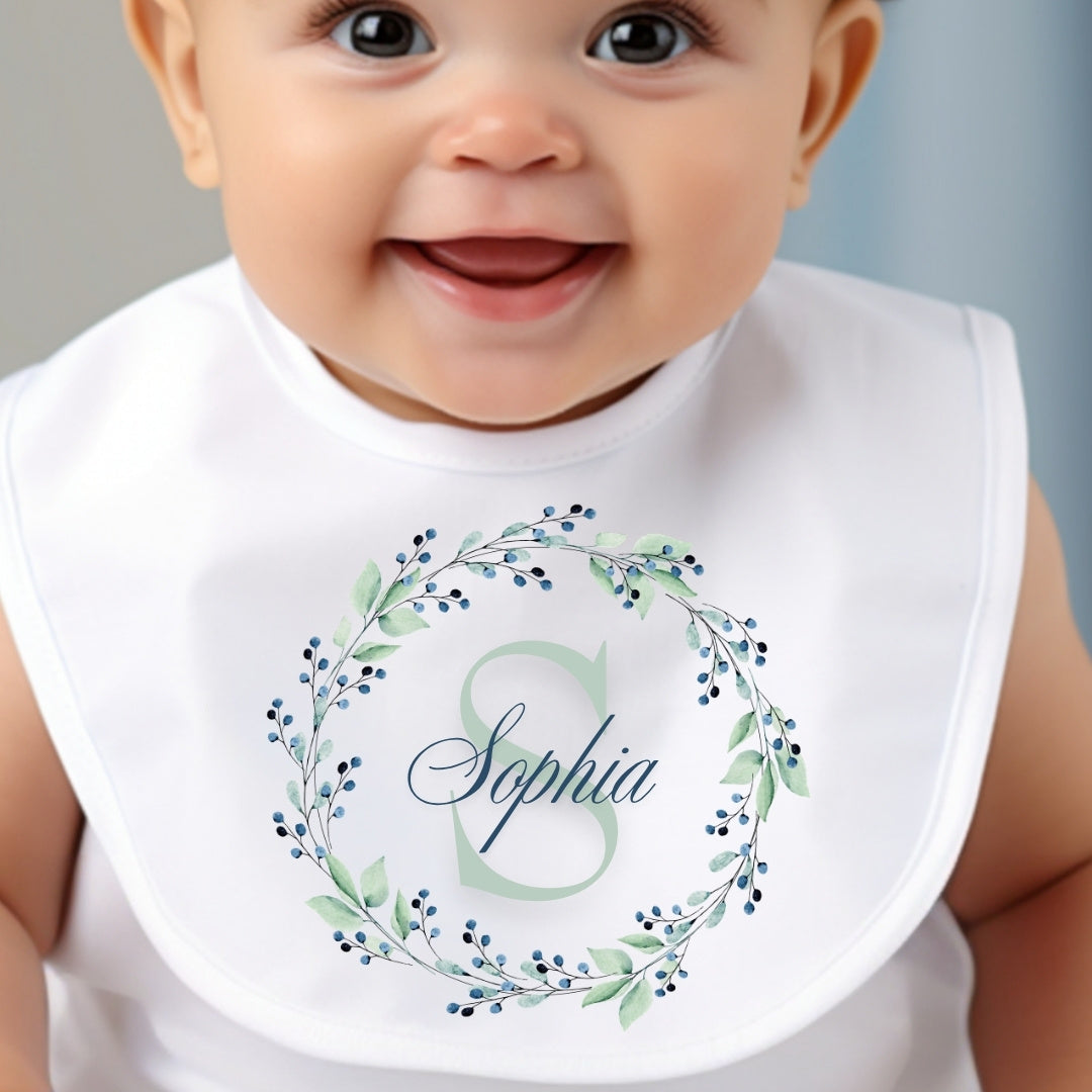 Personalised Blue & Green Floral Baby Grow, Vest or Bib with Name
