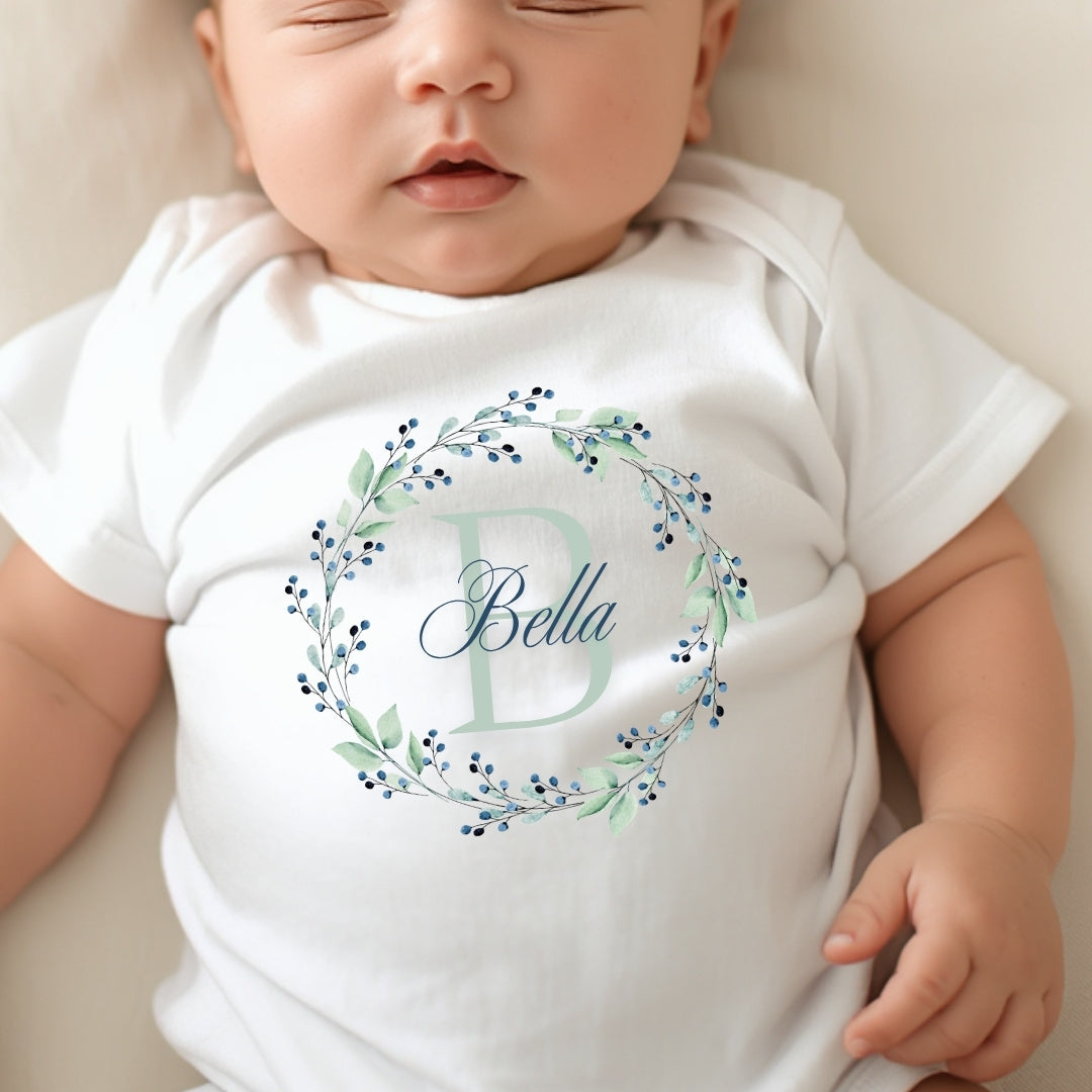 Personalised Blue & Green Floral Baby Grow, Vest or Bib with Name
