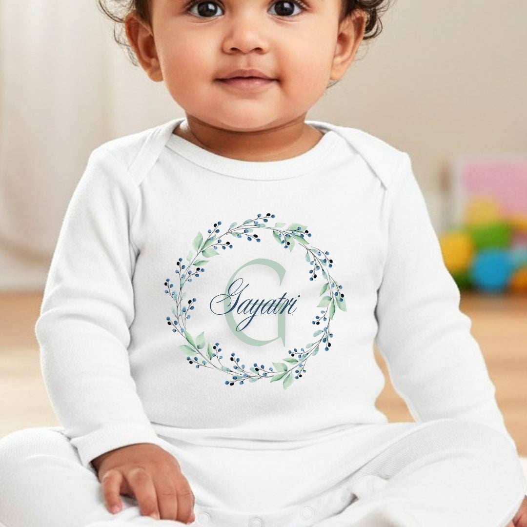 Personalised Blue & Green Floral Baby Grow, Vest or Bib with Name
