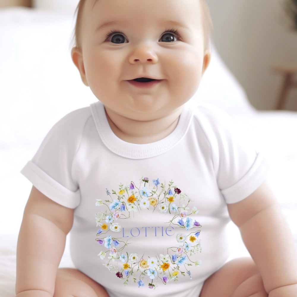 Personalised Baby Girl Spring Flowers Baby Grow, Vest or Bib with Name