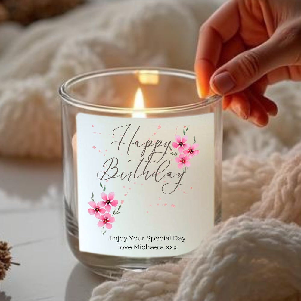 Personalised Pink Flowers Birthday Candle Gift Set | Keepsake for Friend, Family