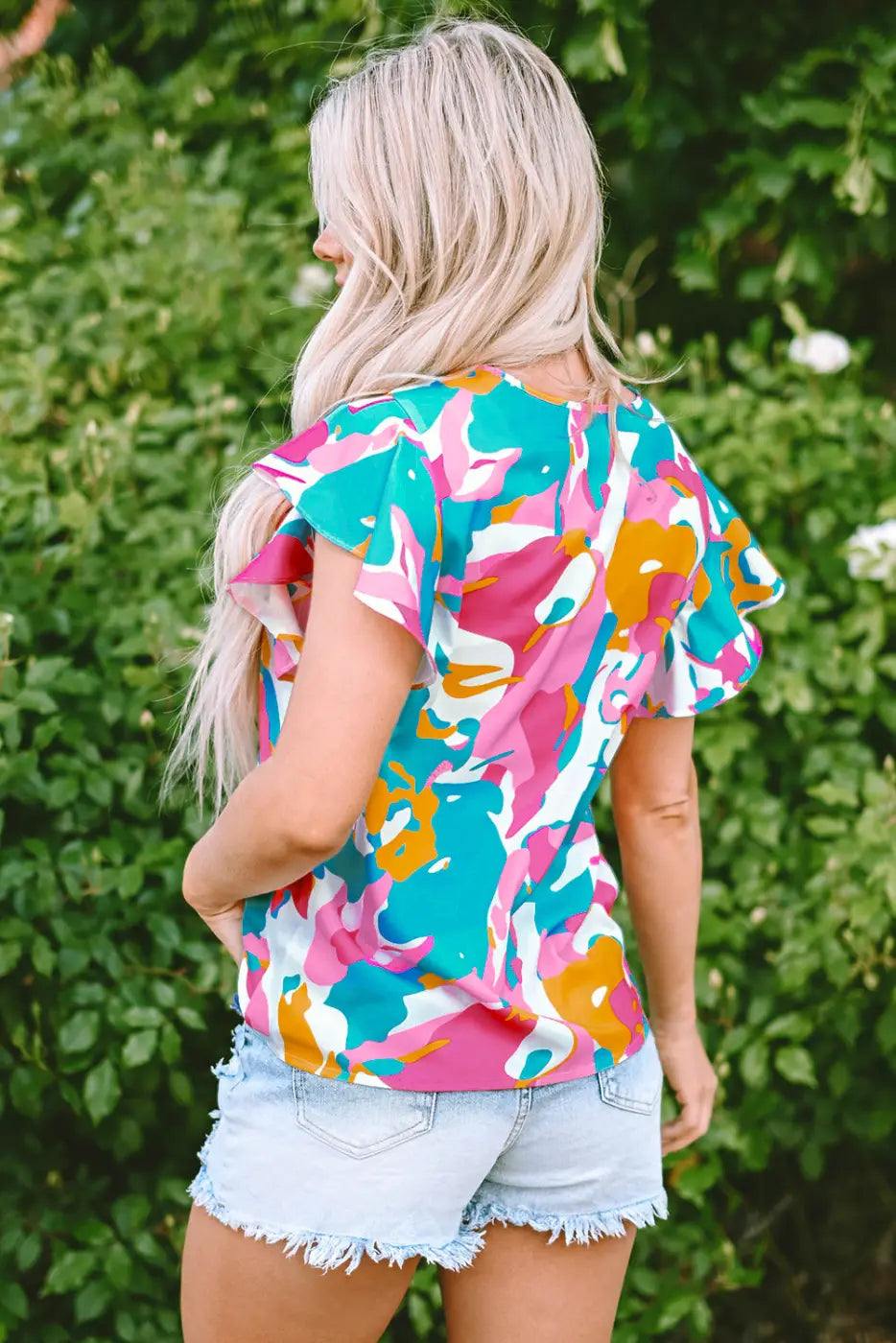 Multi Colour Flutter Sleeve Blouse Abstract Print Women UK