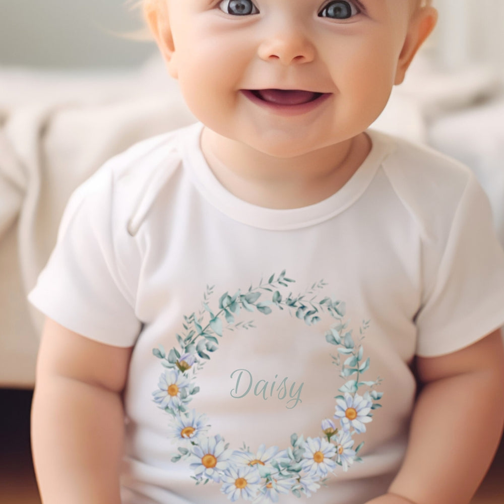 Personalised Daisy Floral Circle Baby Grow, Vest or Bib with Name