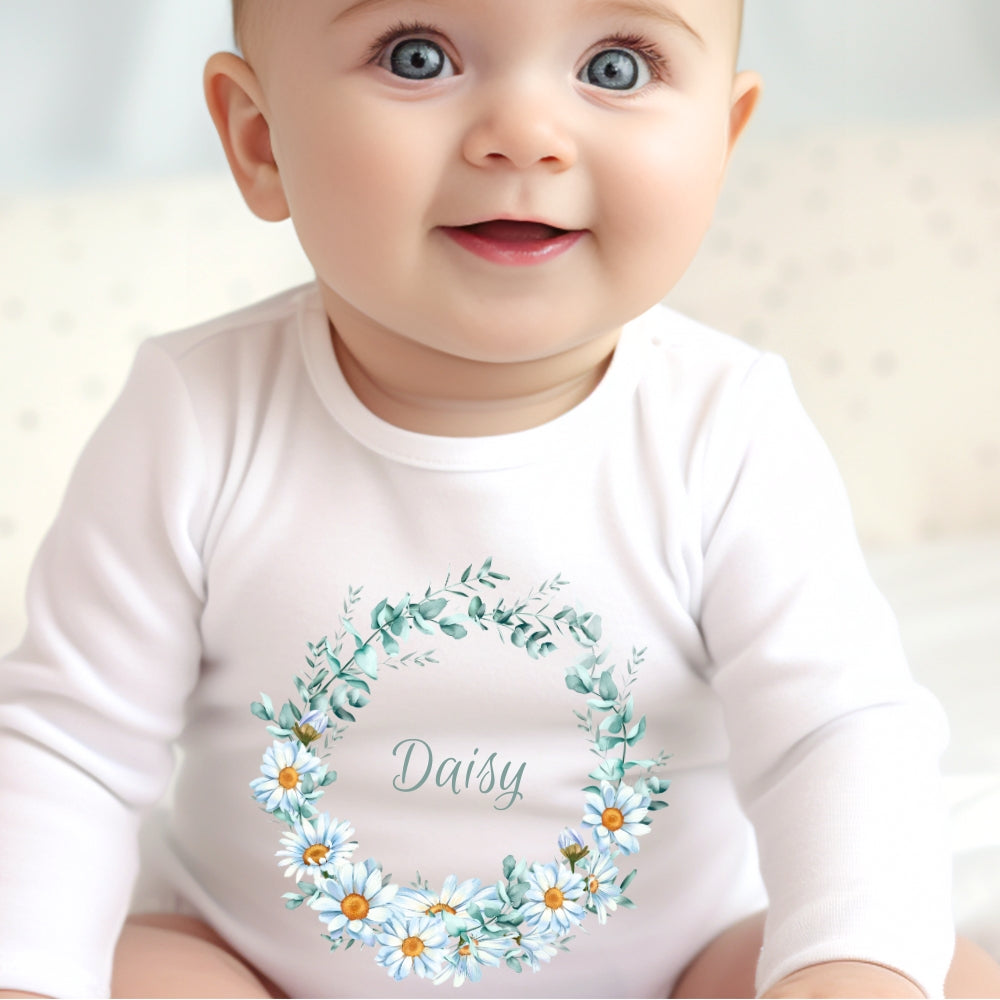 Personalised Daisy Floral Circle Baby Grow, Vest or Bib with Name