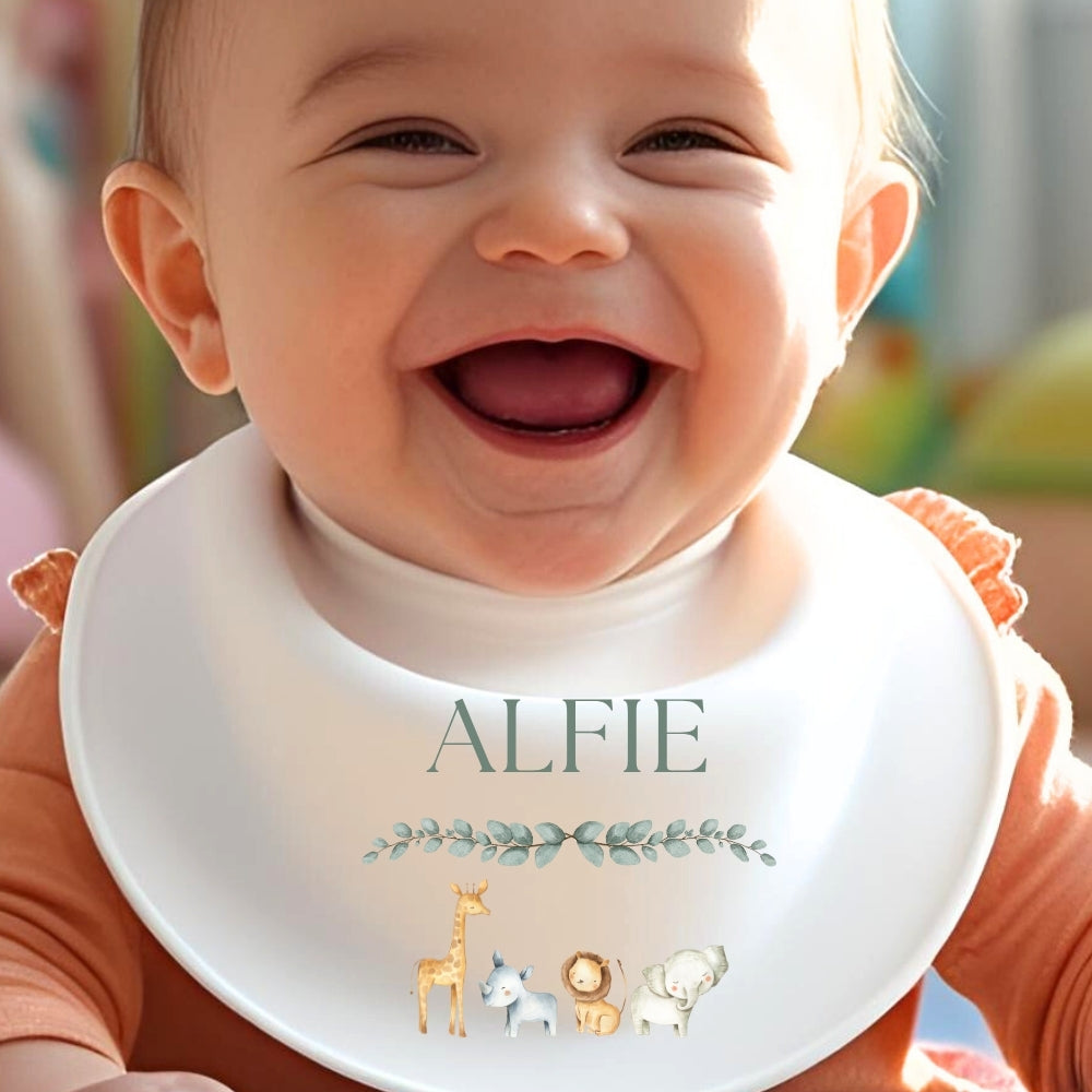 Personalised Safari Animals Baby Grow, Vest or Bib with Name