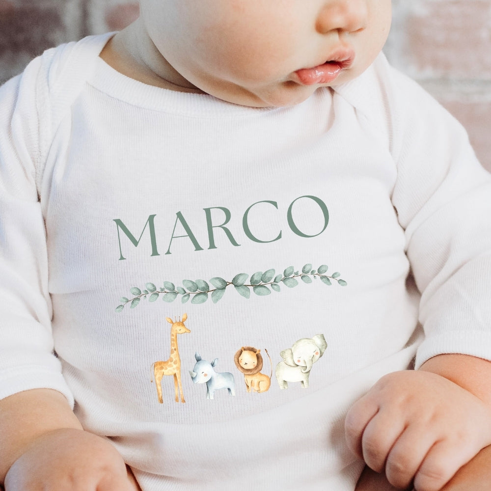 Personalised Safari Animals Baby Grow, Vest or Bib with Name