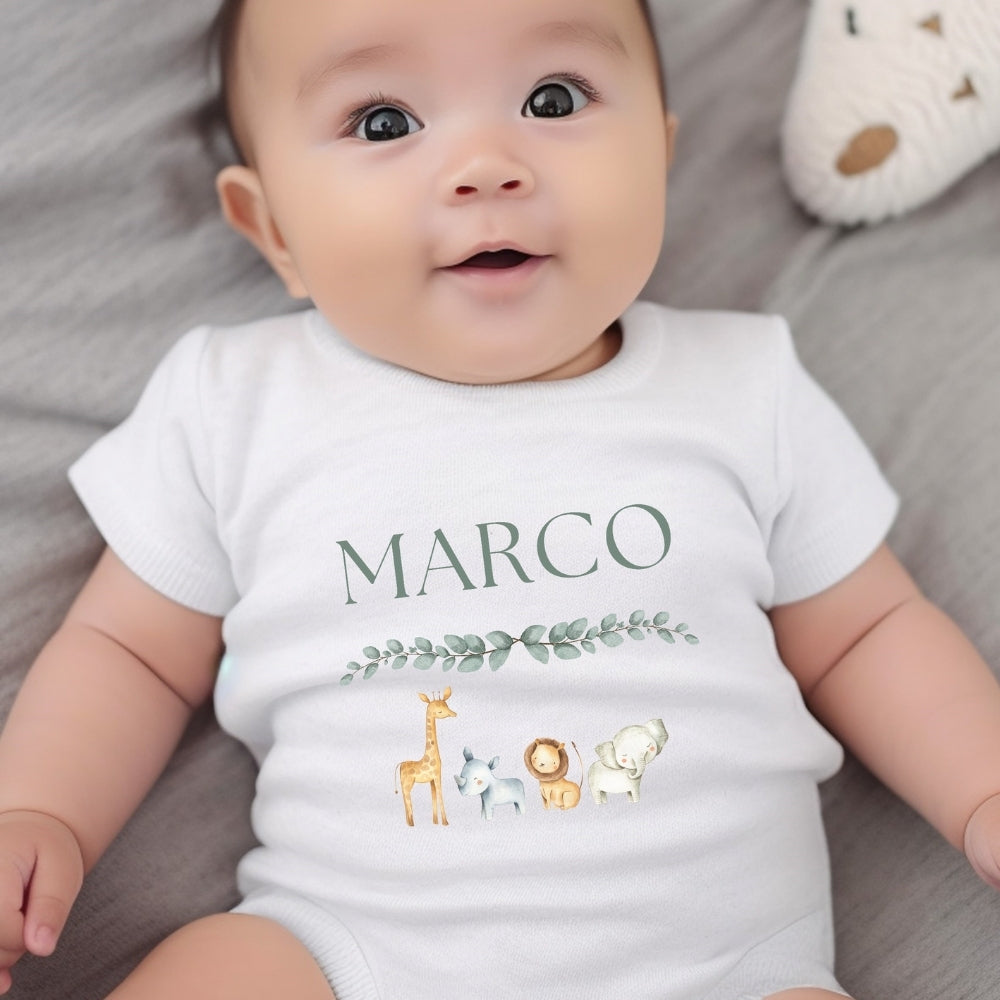 Personalised Safari Animals Baby Grow, Vest or Bib with Name
