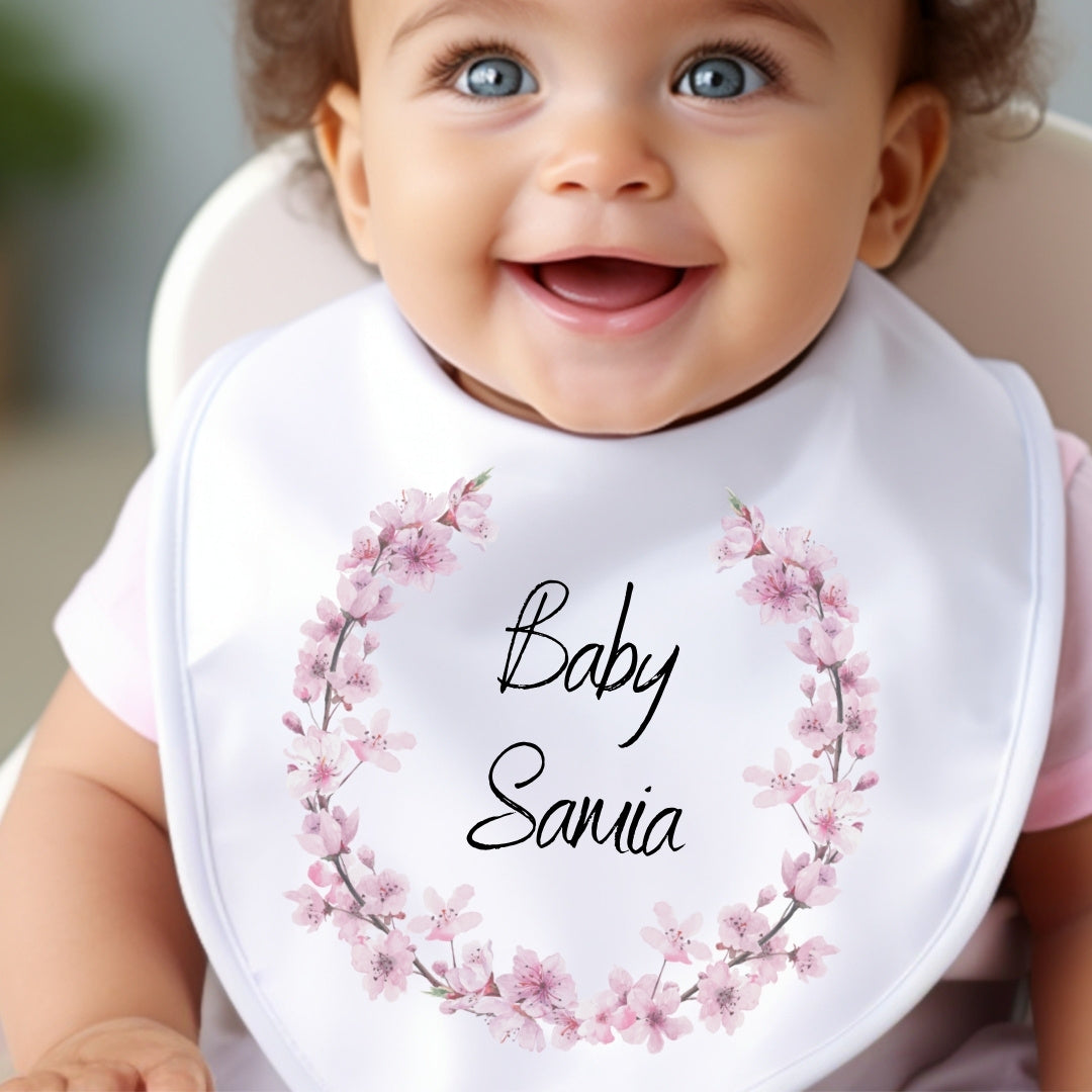 Personalised Pink Blossom Baby Grow, Vest or Bib with Name