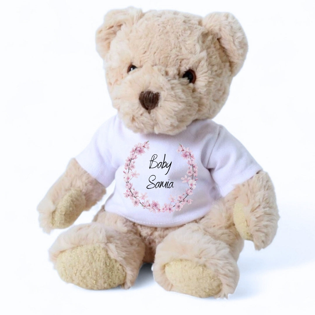 Personalised Luxury Teddy Bear with Pink Blossom T-Shirt