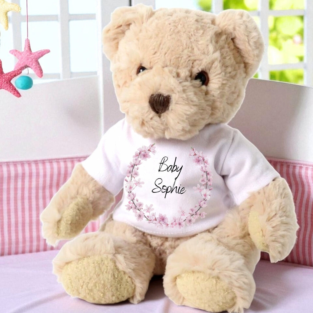 Personalised Luxury Teddy Bear with Pink Blossom T-Shirt