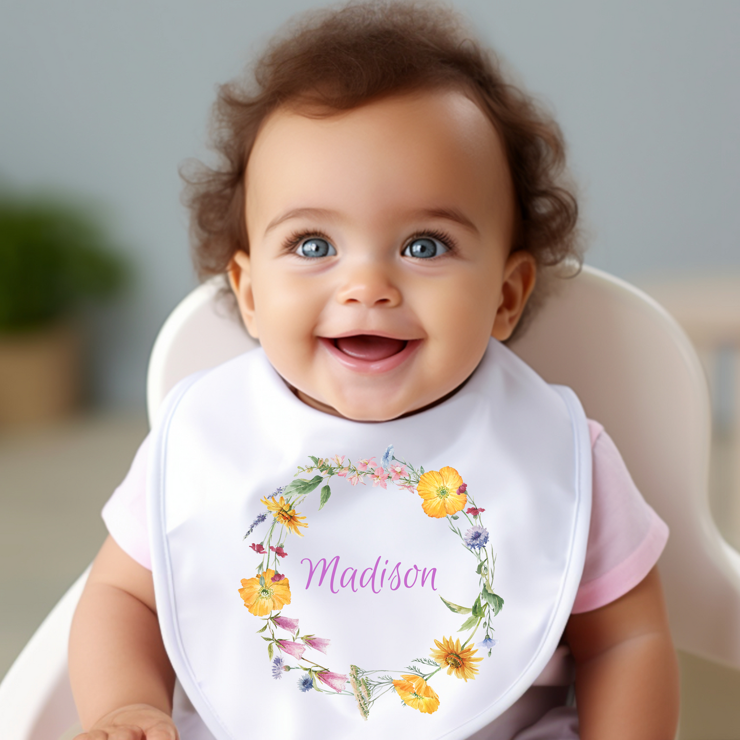 Personalised Colourful Flowers Baby Grow, Vest or Bib with Name