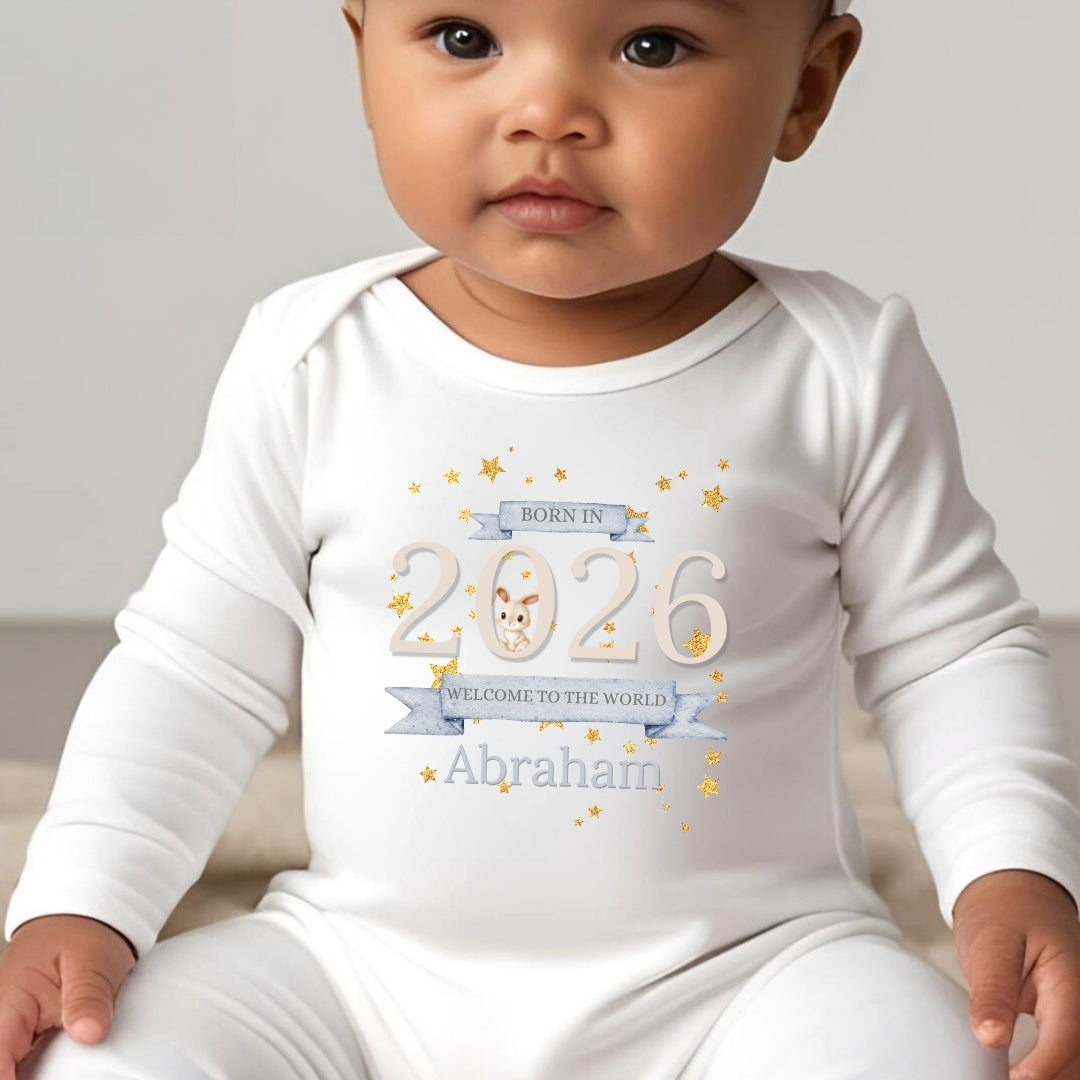 Personalised Bunny Welcome World Baby Grow, Vest or Bib with Name