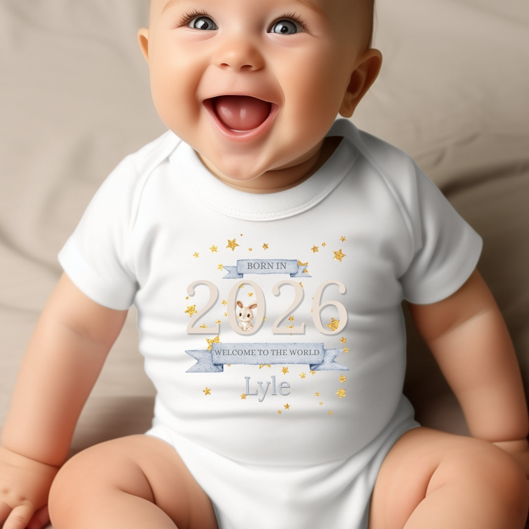 Personalised Bunny Welcome World Baby Grow, Vest or Bib with Name
