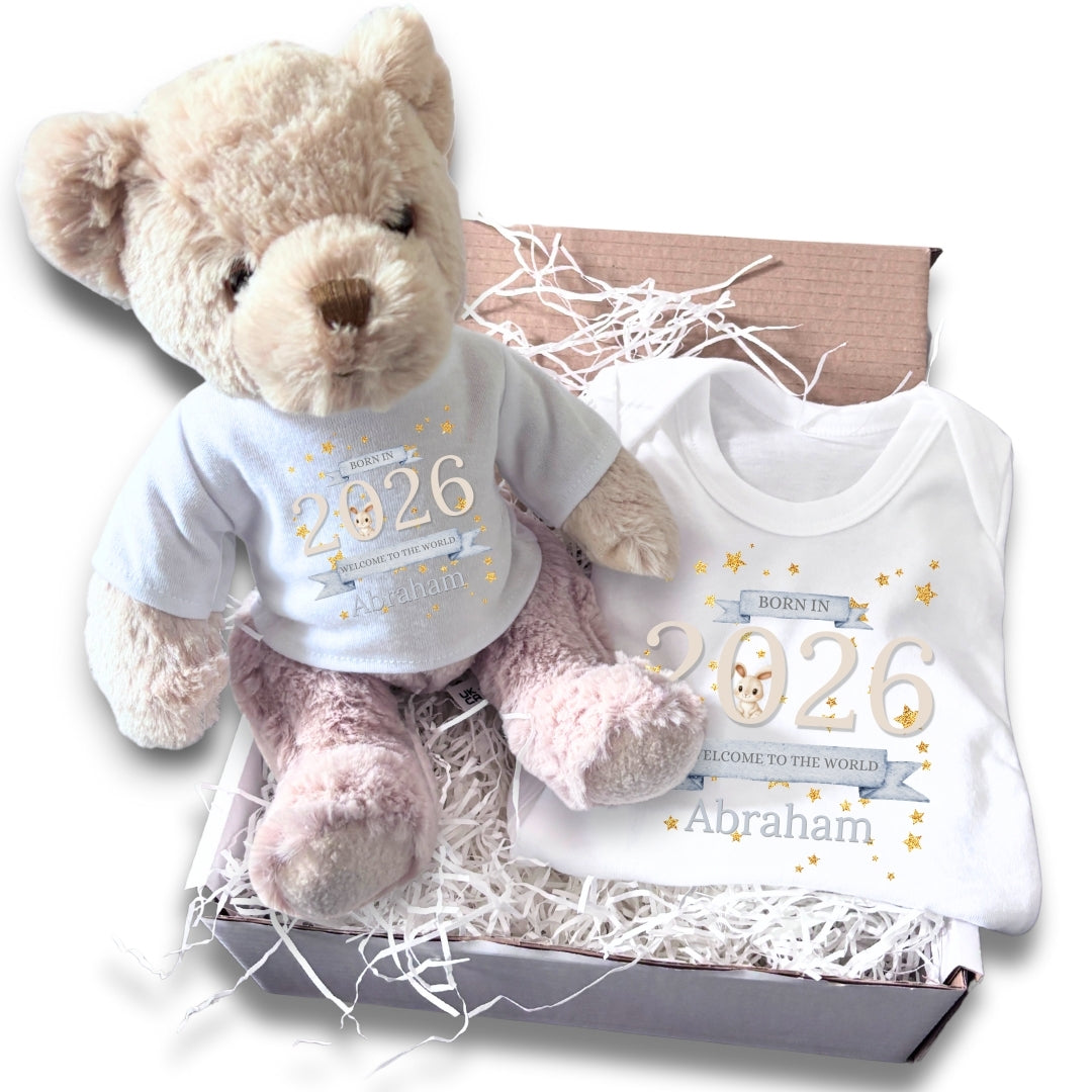 Personalised Welcome to the World 2026 Gift Hamper Baby Gift Hamper - Teddy & Vest