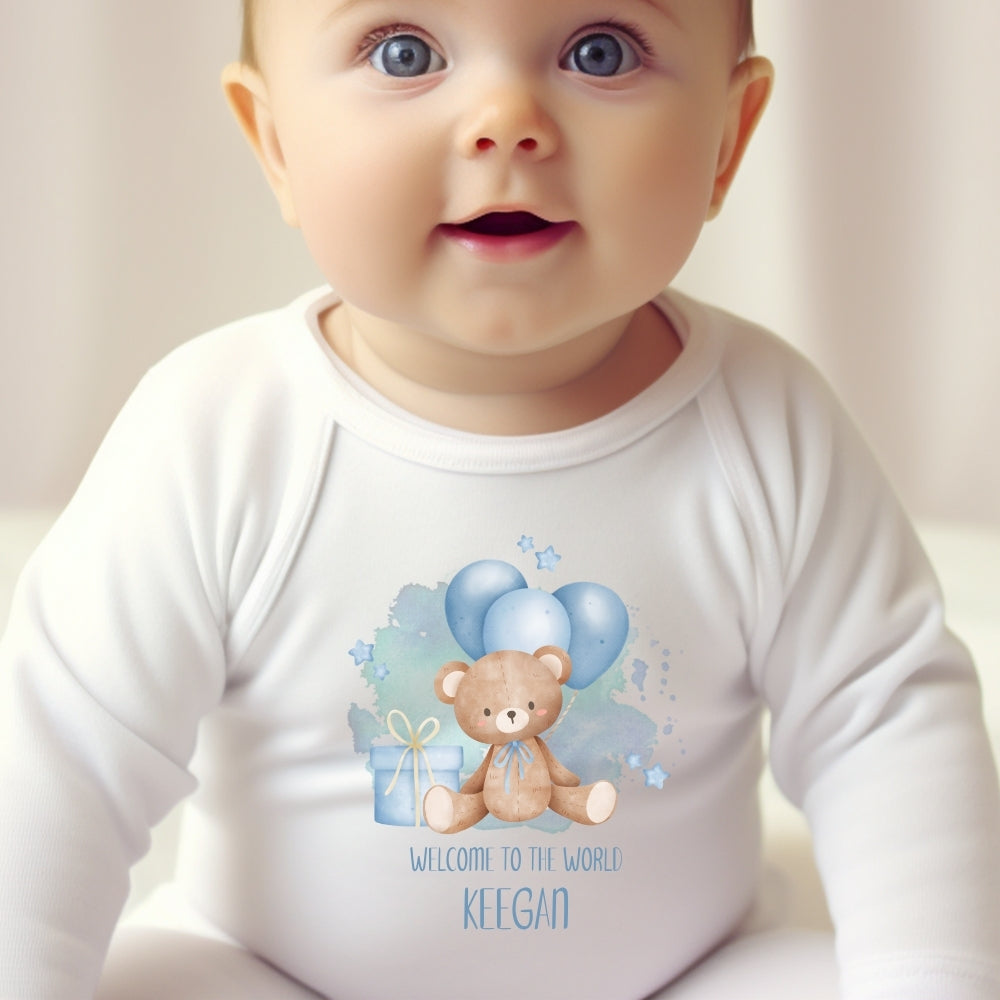 Personalised Welcome to the World Blue Balloons Teddy Baby Grow, Vest or Bib with Name