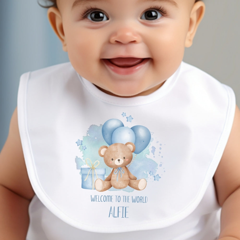 Personalised Welcome to the World Blue Balloons Teddy Baby Grow, Vest or Bib with Name