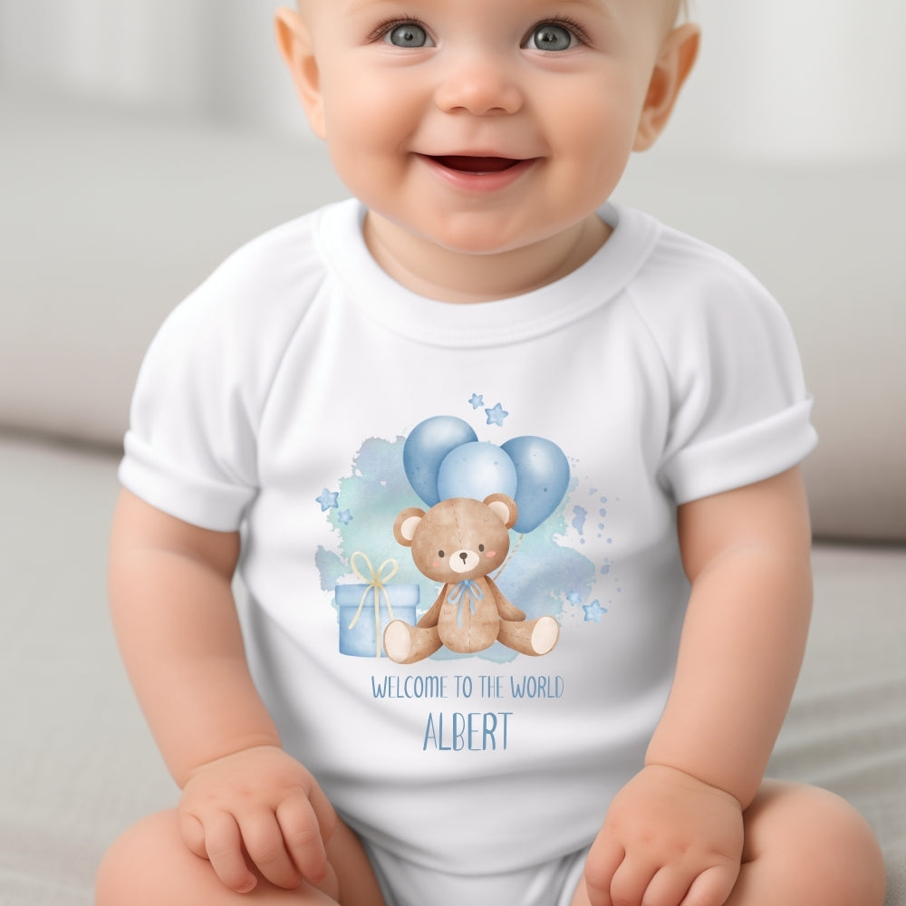 Personalised Welcome to the World Blue Balloons Teddy Baby Grow, Vest or Bib with Name