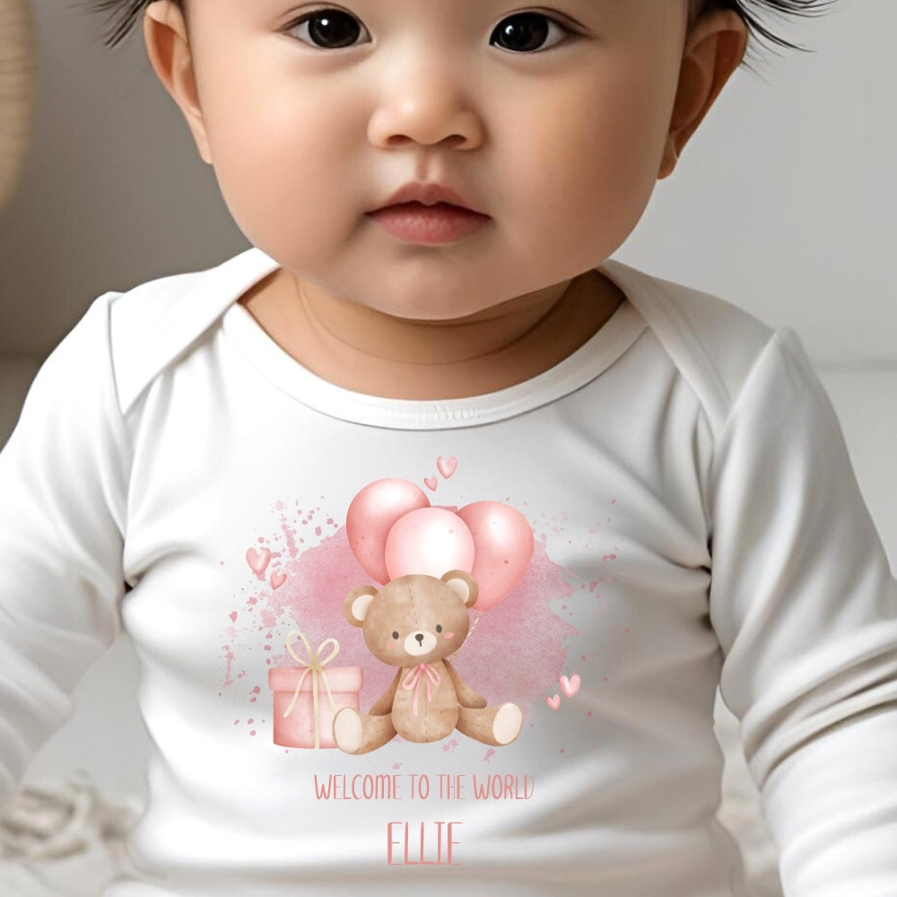 Personalised Welcome to the World Pink Balloons Teddy Baby Grow, Vest or Bib with Name
