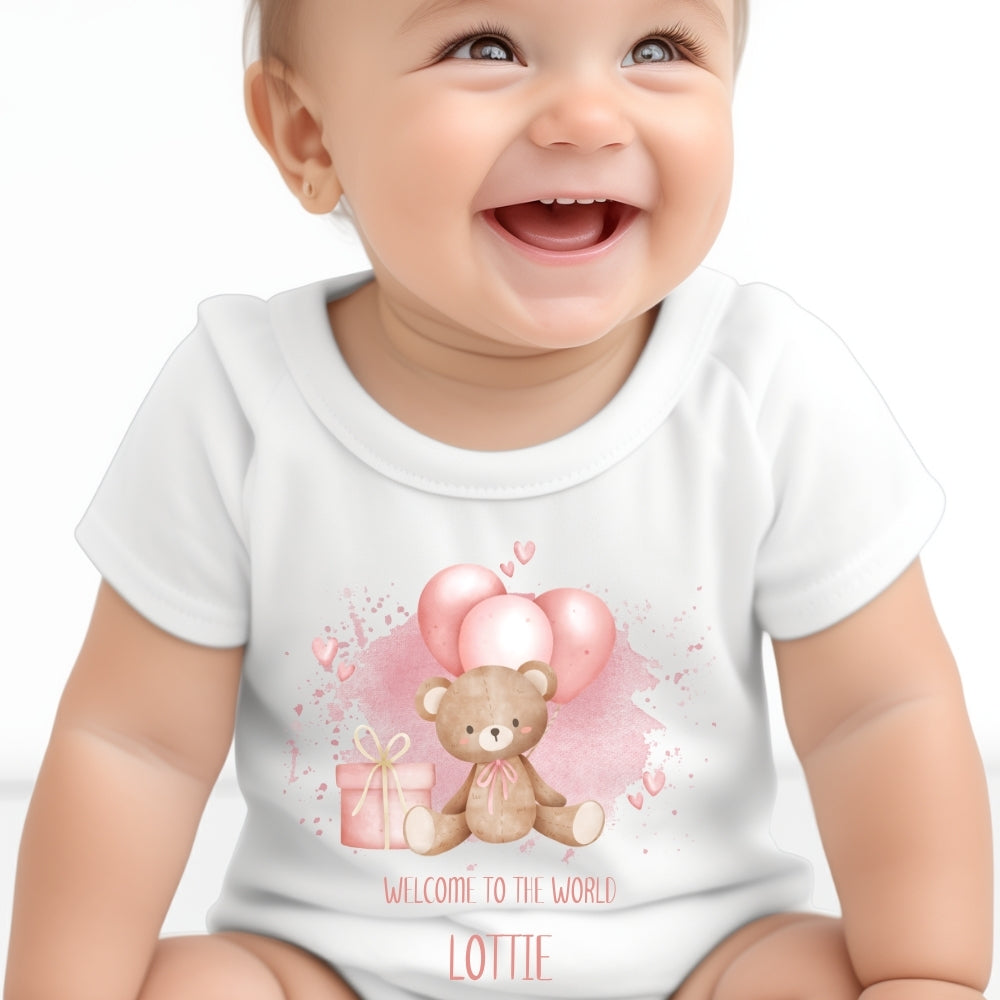 Personalised Welcome to the World Pink Balloons Teddy Baby Grow, Vest or Bib with Name