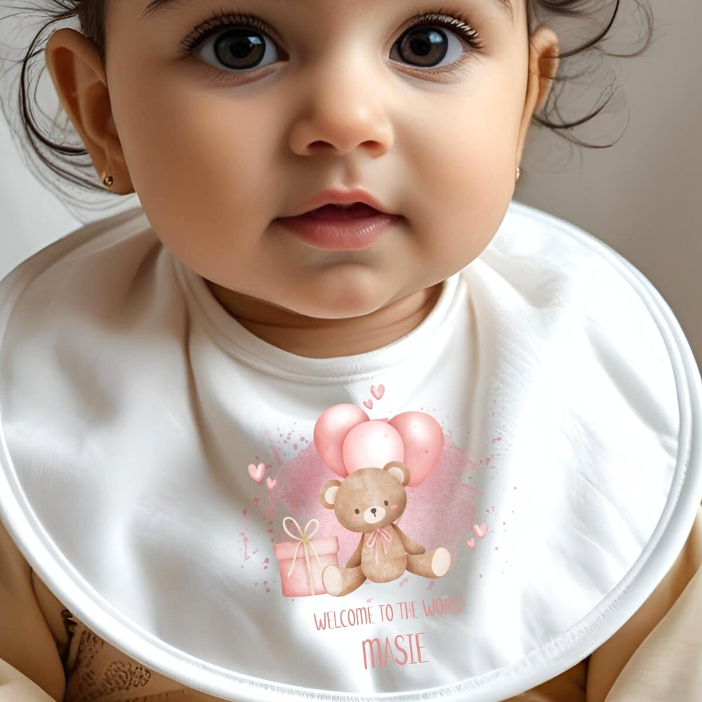 Personalised Welcome to the World Pink Balloons Teddy Baby Grow, Vest or Bib with Name