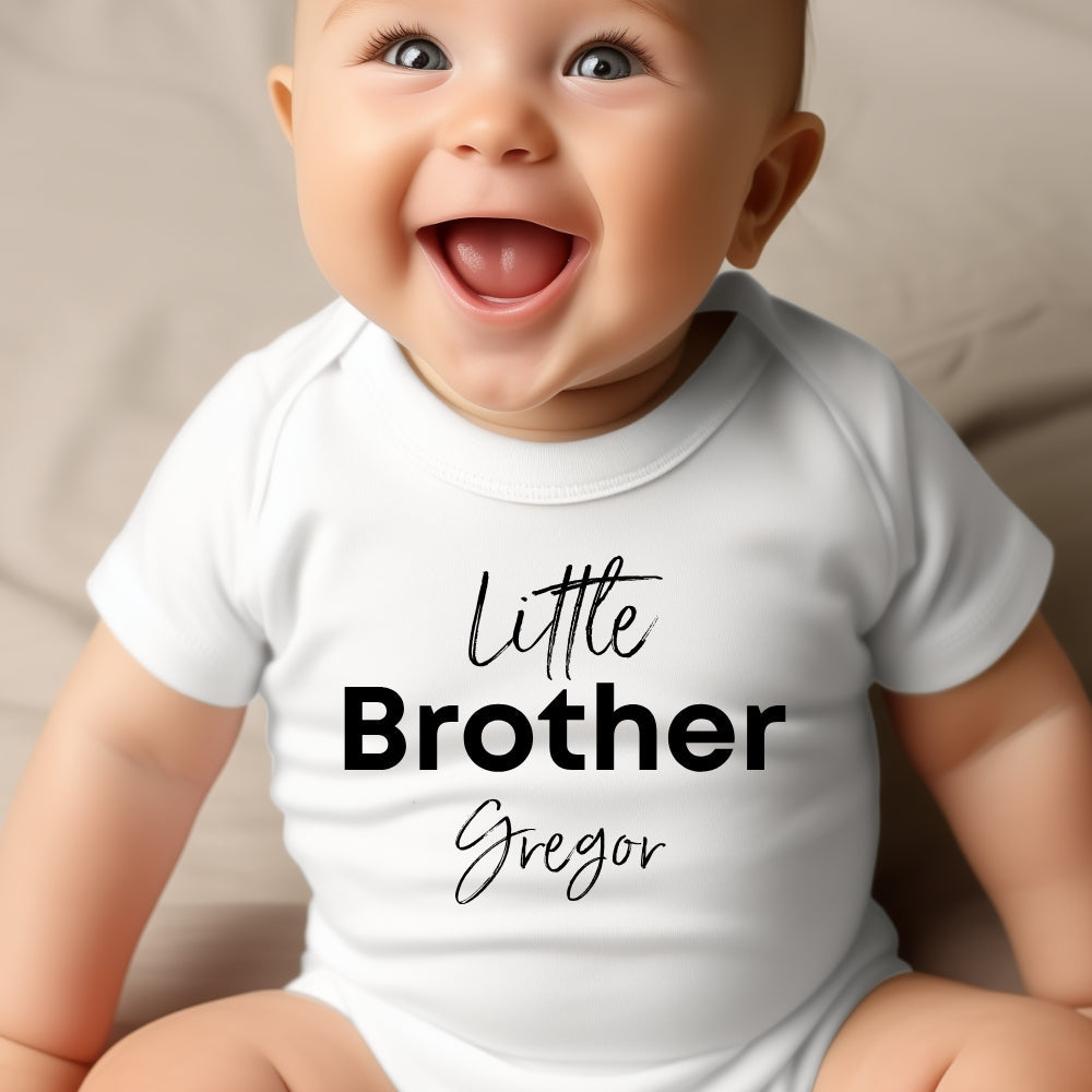 Personalised Black Little Brother Baby Grow, Vest or Bib with Name