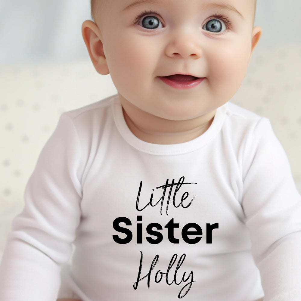 Personalised Black Little Sister Baby Grow, Vest or Bib with Name