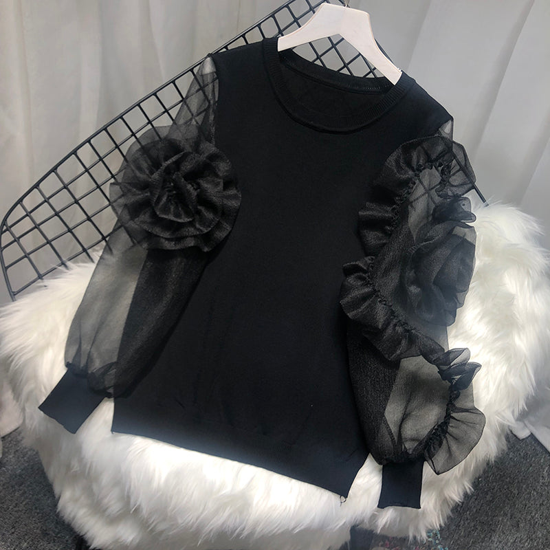 Women Spring Summer Knitted Organza Patchwork Lantern Sleeve