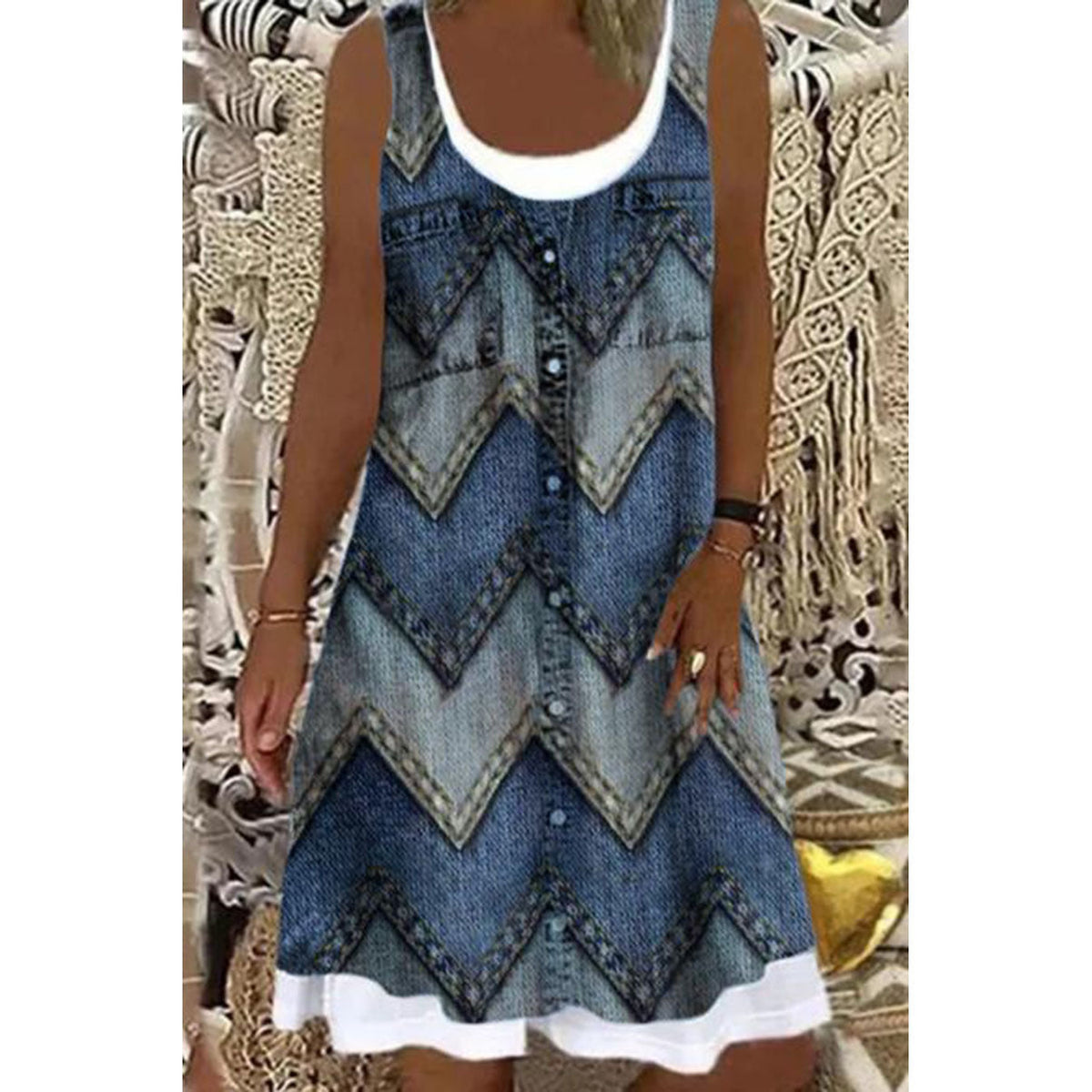 Women's Printed Patchwork Round Neck Sleeveless Pleating Dress