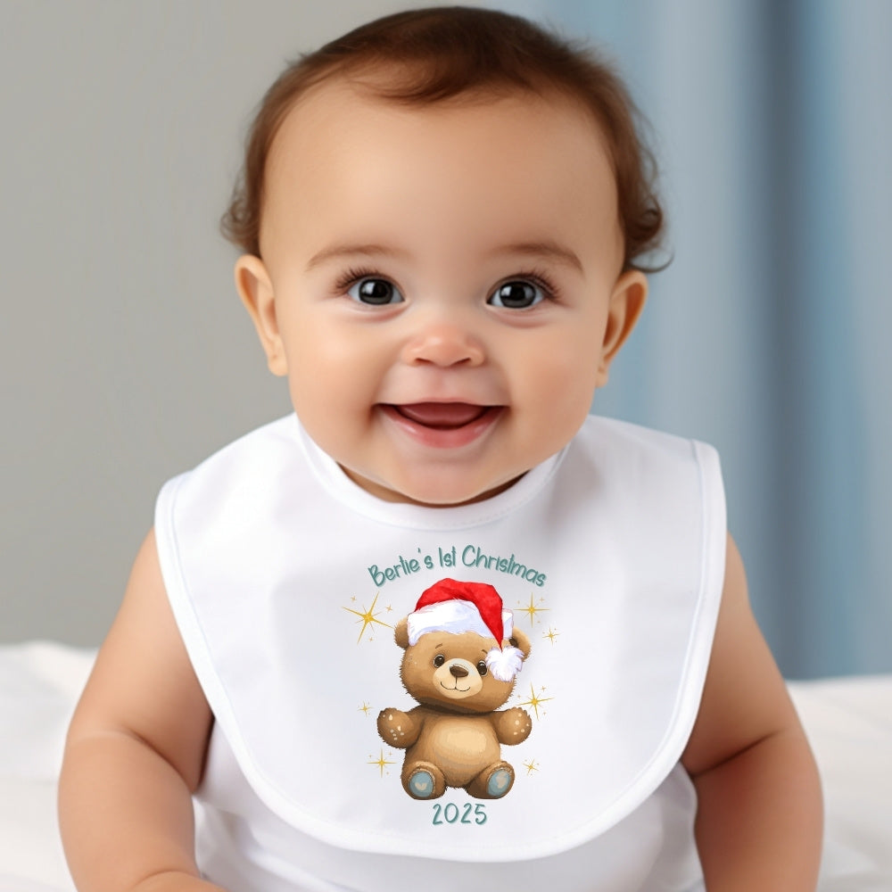 Personalised First Christmas Teddy Baby Grow, Vest or Bib with Name