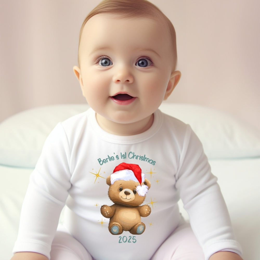 Personalised First Christmas Teddy Baby Grow, Vest or Bib with Name