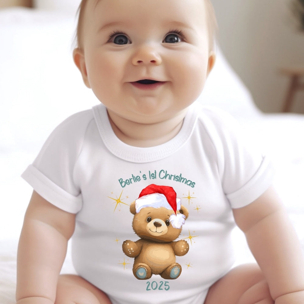 Personalised First Christmas Teddy Baby Grow, Vest or Bib with Name