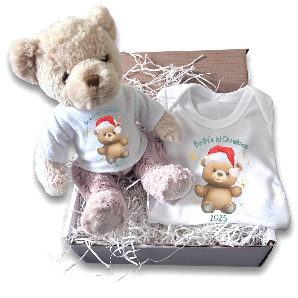 Personalised Happy 1st Christmas Teddy Gift Hamper Baby Gift Hamper - Teddy & Vest