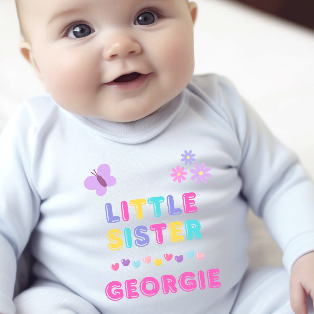 Personalised Little Sister Baby Grow, Vest or Bib with Name