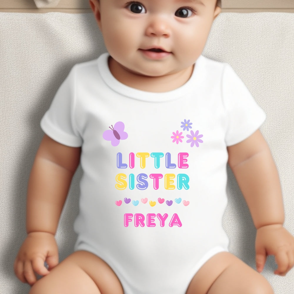 Personalised Little Sister Baby Grow, Vest or Bib with Name
