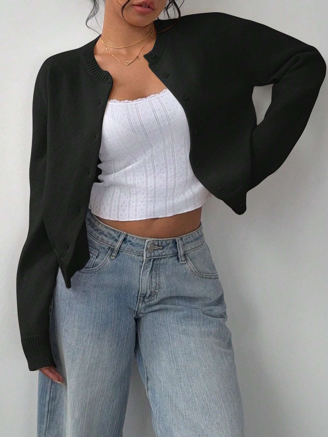 Chic Long Sleeved Knitted Cardigan Fashion Slim Solid Color Short Sweater For Women Clothing